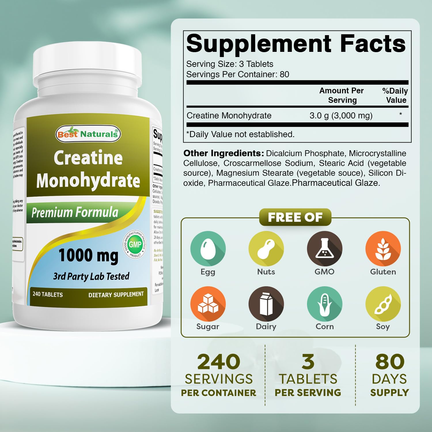 Bottle of Best Naturals Creatine Monohydrate 1000 mg 240 tablets