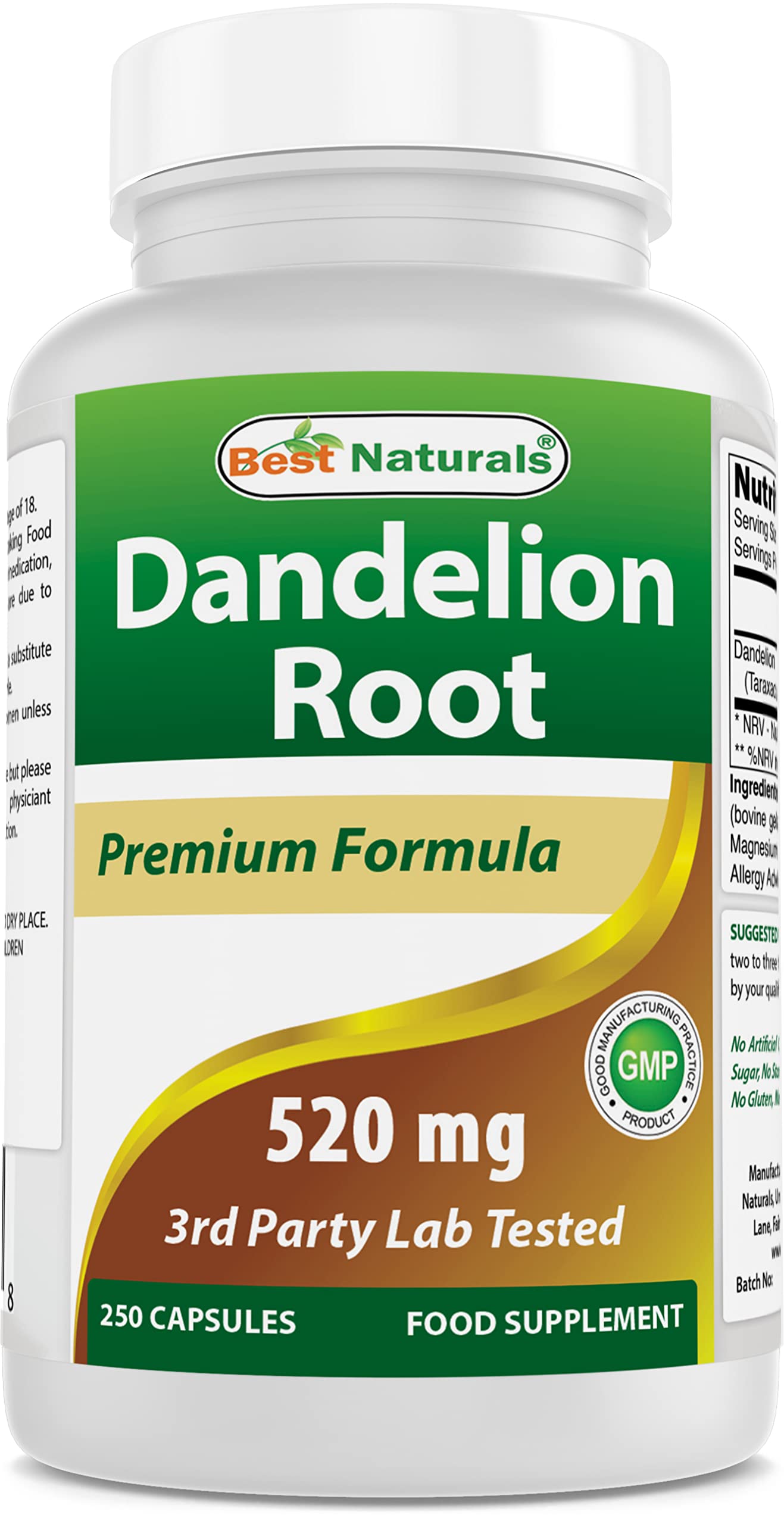 Front view of Best Naturals Dandelion Root 520 mg bottle