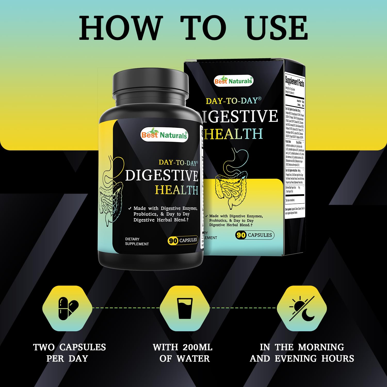 Bottle showing 90 vegetarian capsules for daily digestive support