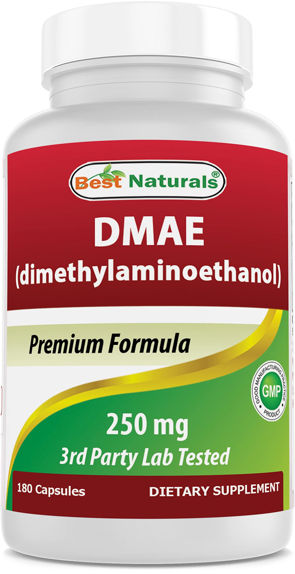 Best Naturals DMAE 250 mg bottle with 180 capsules on white background
