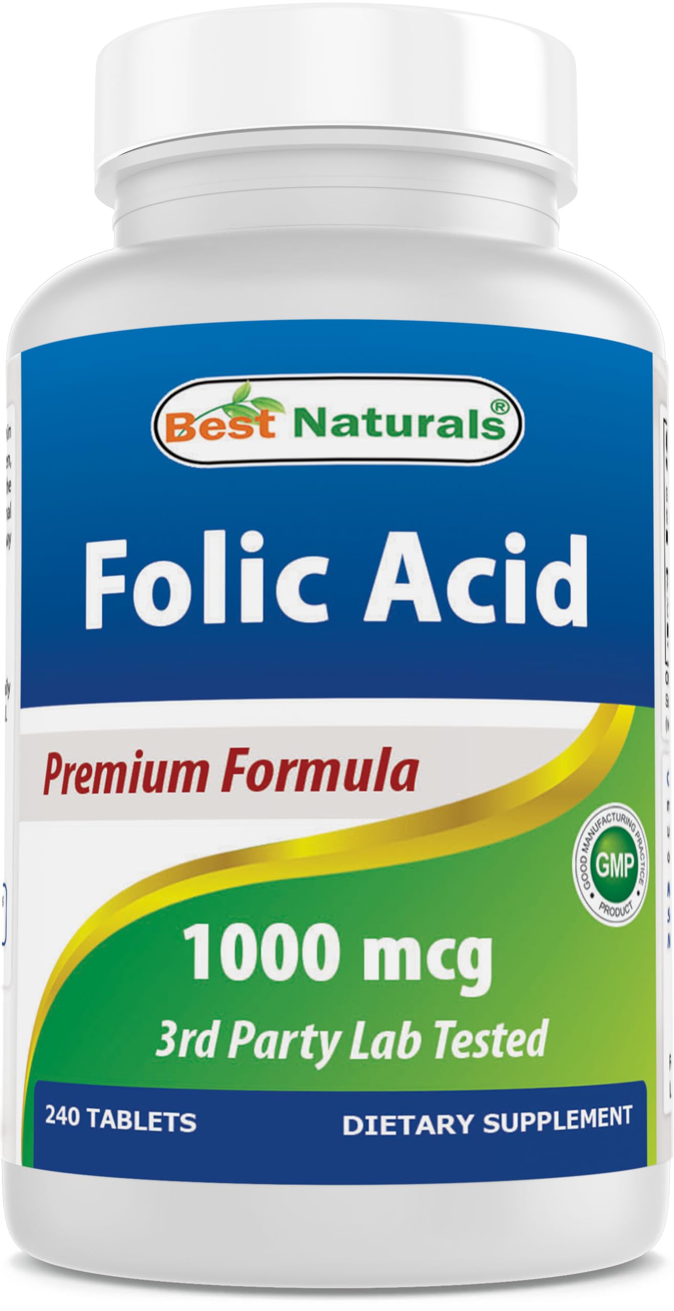 Front view of Best Naturals Folic Acid 1000 mcg bottle (Vitamin B9) 240 tablets