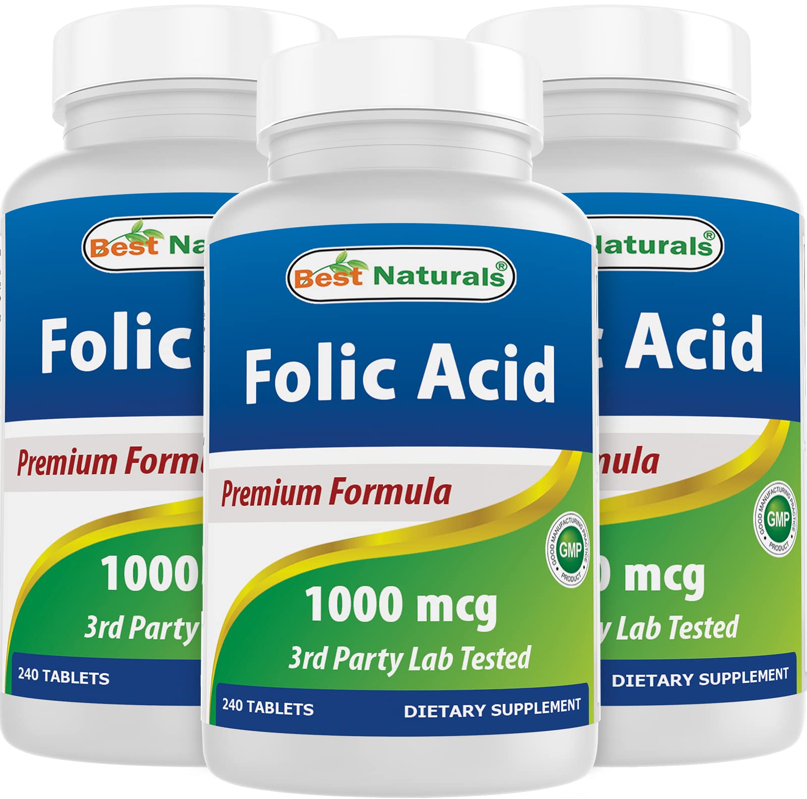 Front view of Best Naturals Folic Acid 1000 mcg bottle with 240 tablets, pack of 3