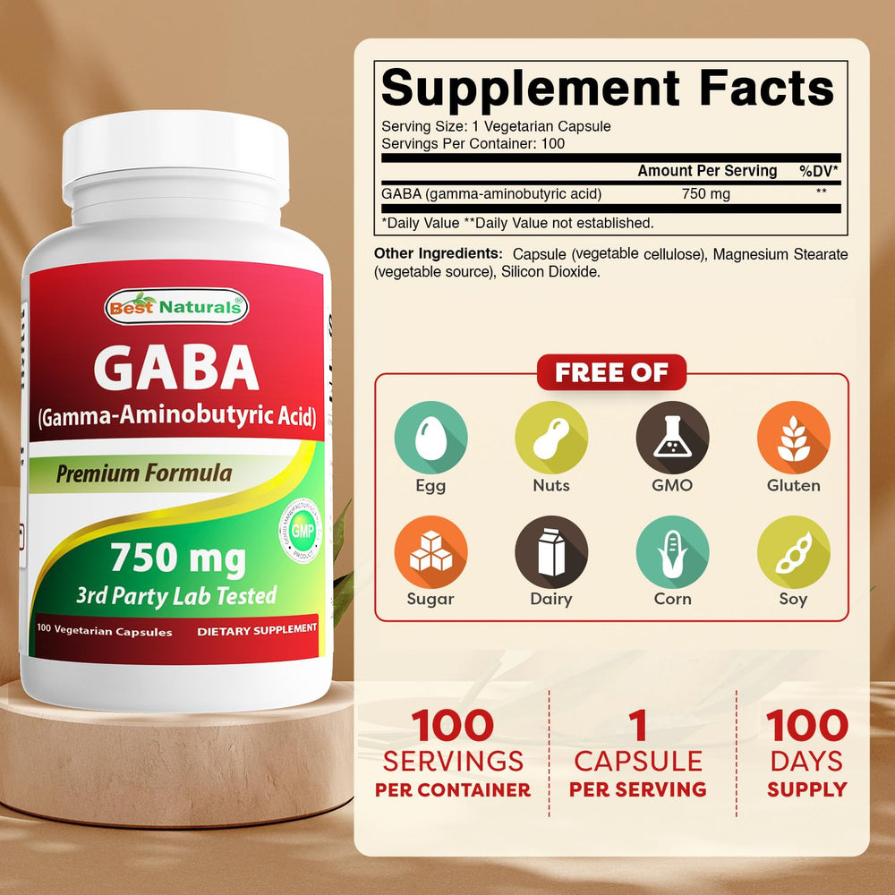 GABA 750 mg bottle close-up with label details