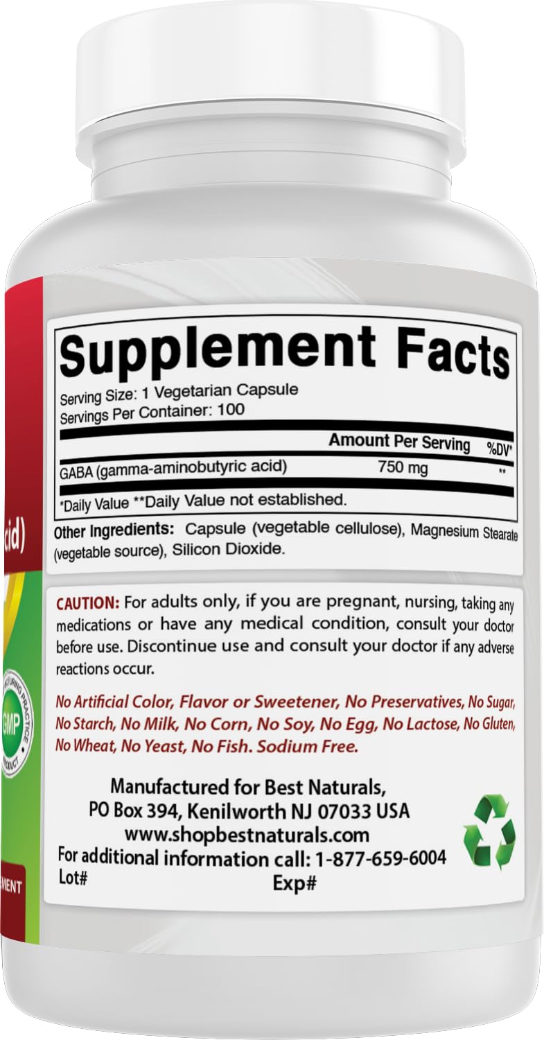 Ingredient list for Best Naturals GABA 750 mg