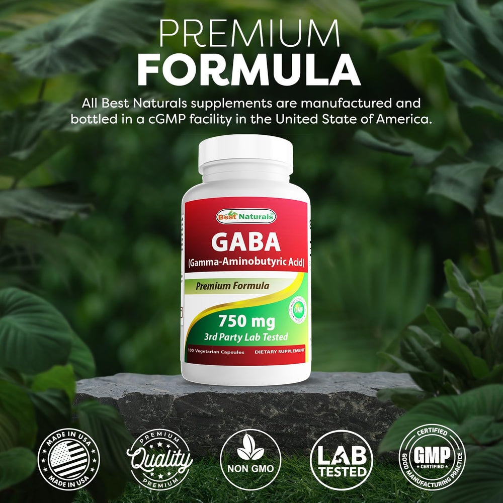 Ingredients and supplement facts panel for Best Naturals GABA 750 mg