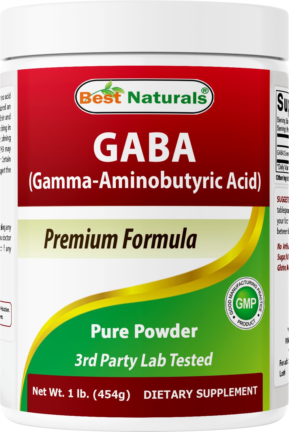 Front view of Best Naturals GABA Pure Powder 1 lb container