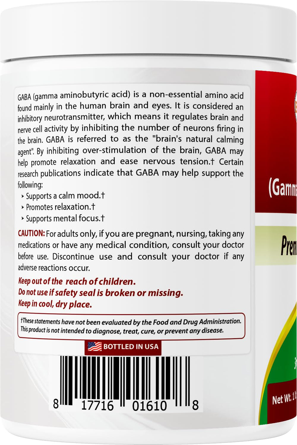 Packaging and bottle of Best Naturals GABA Pure Powder 1 lb