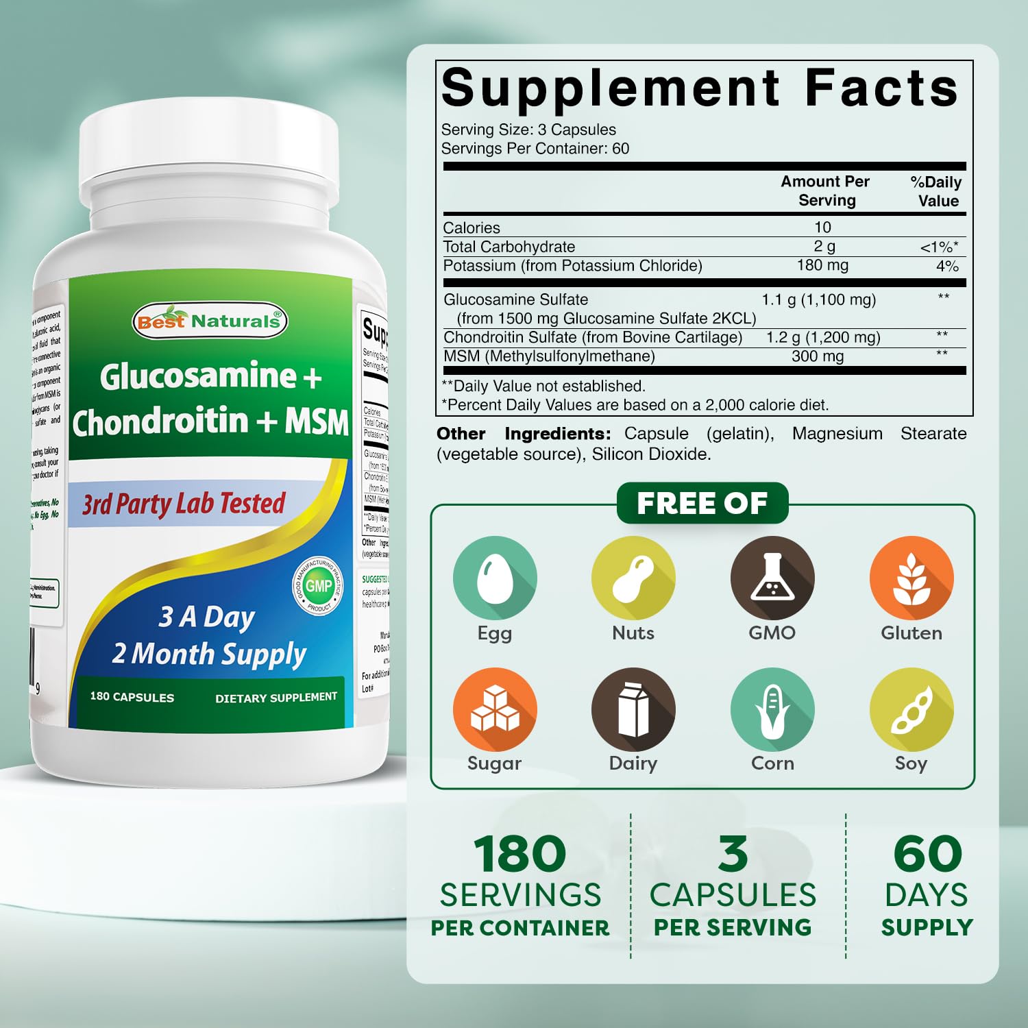 Close-up of 180 capsules per bottle