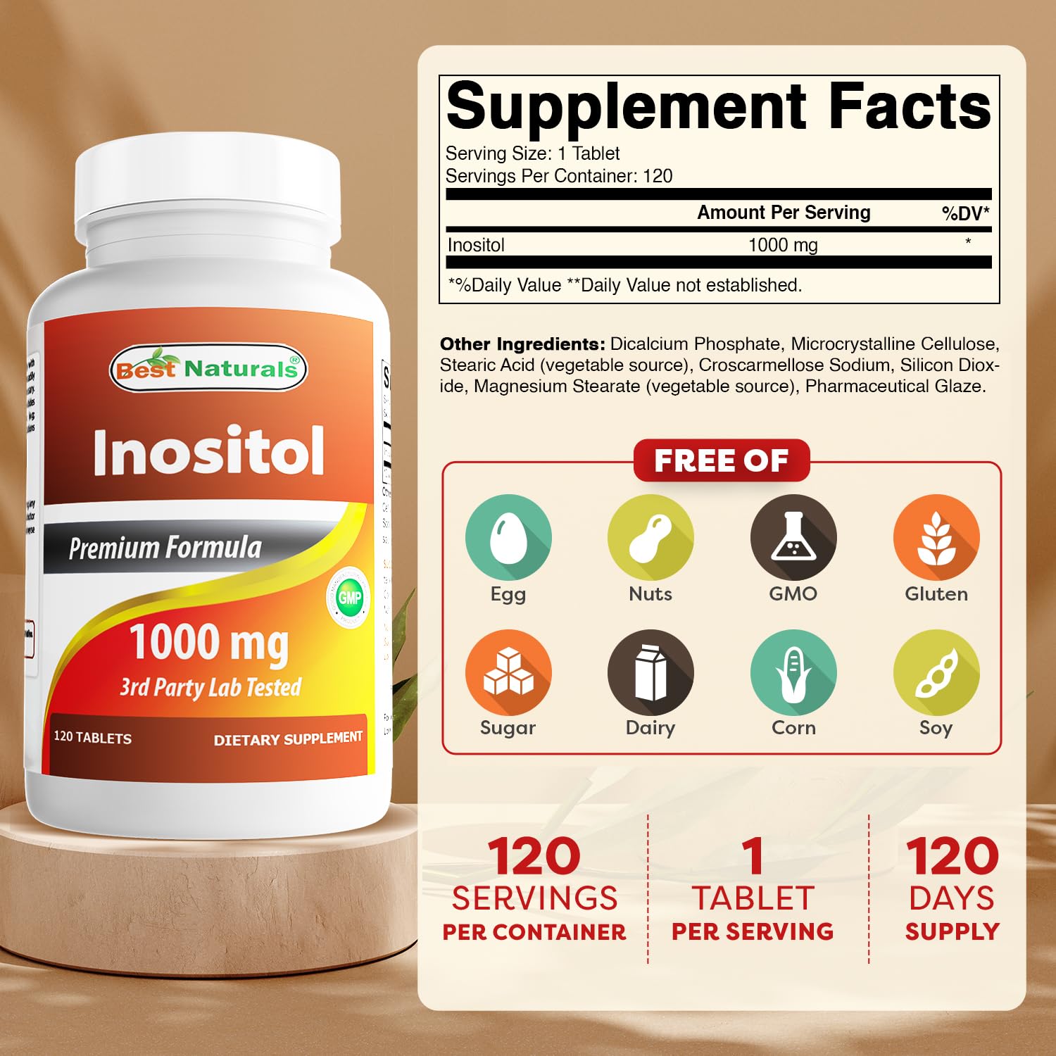 Close-up of bottle label showing 1000 mg Inositol per tablet