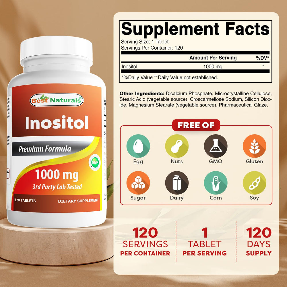 Close-up of bottle label showing 1000 mg Inositol per tablet
