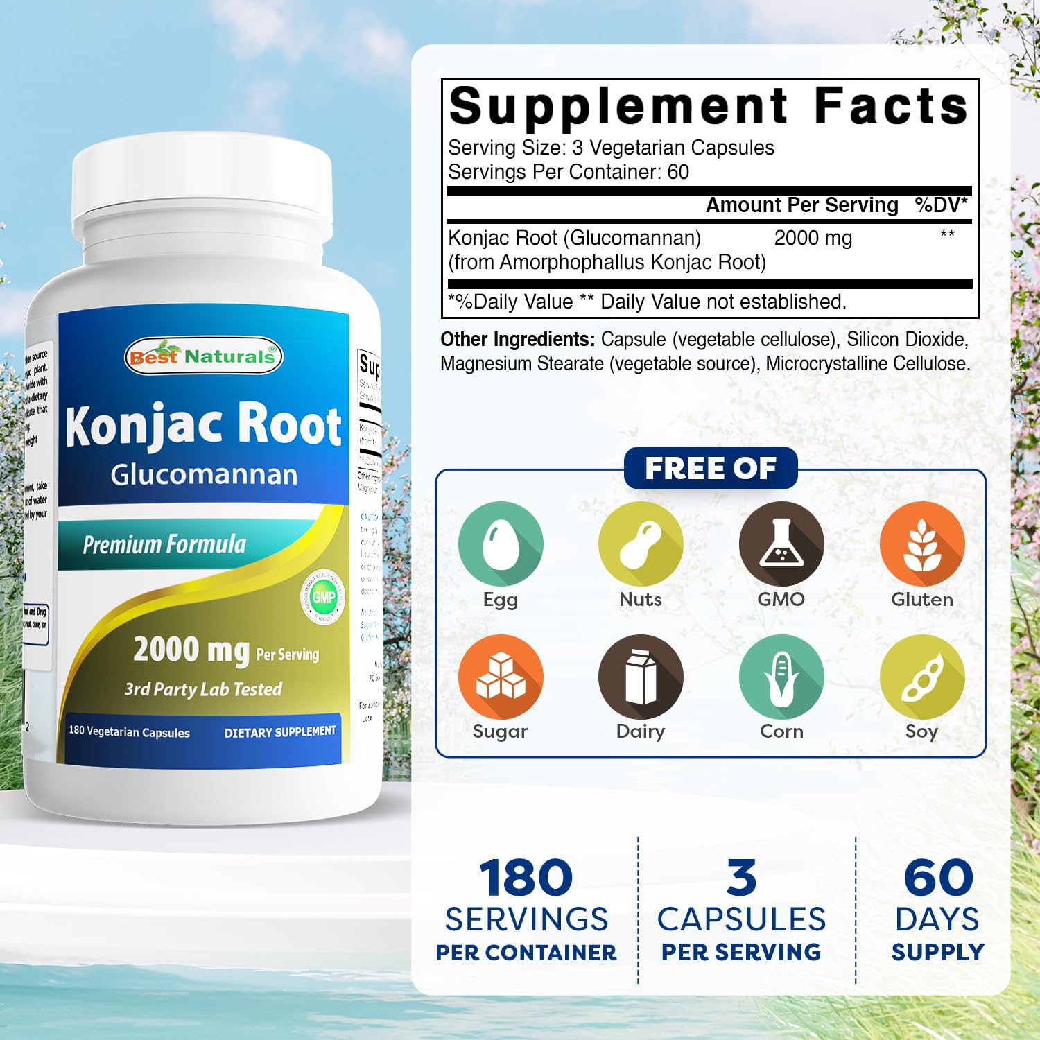 180 Vegetarian Capsules per bottle of Best Naturals Konjac Glucomannan