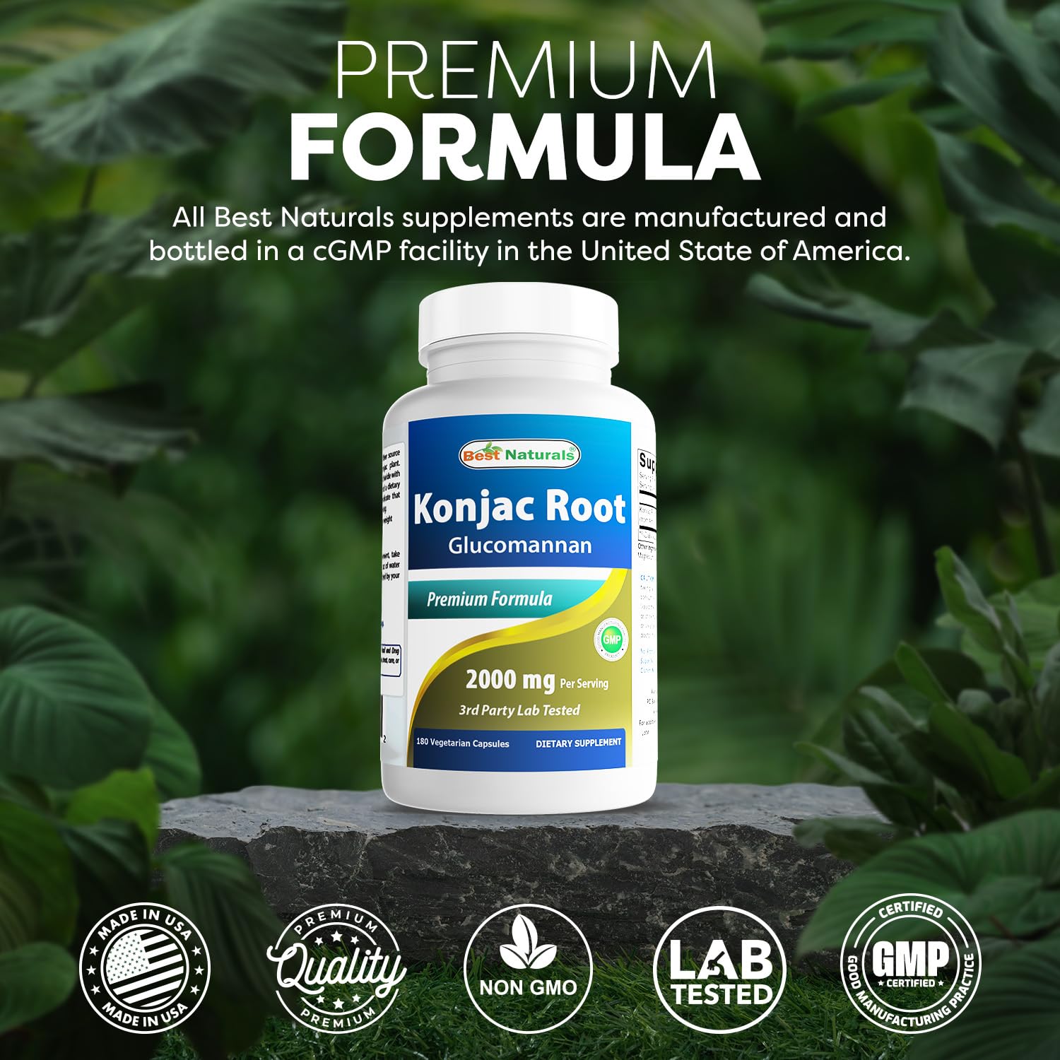 Non-GMO and Gluten Free emblem on Best Naturals Konjac Glucomannan packaging