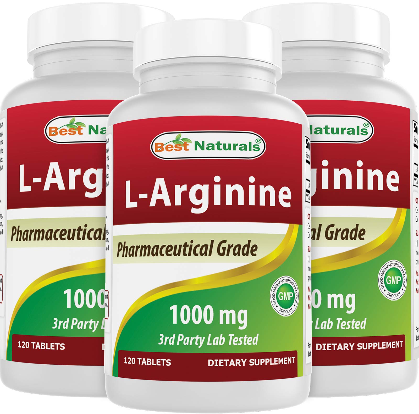 Front view of Best Naturals L-Arginine 1000 mg 3-Pack bottle with 360 tablets