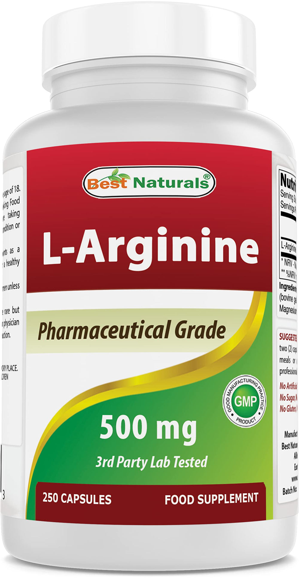 Front view of Best Naturals L-Arginine 500mg 250-Capsule bottle