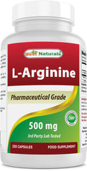 Front view of Best Naturals L-Arginine 500mg 250-Capsule bottle