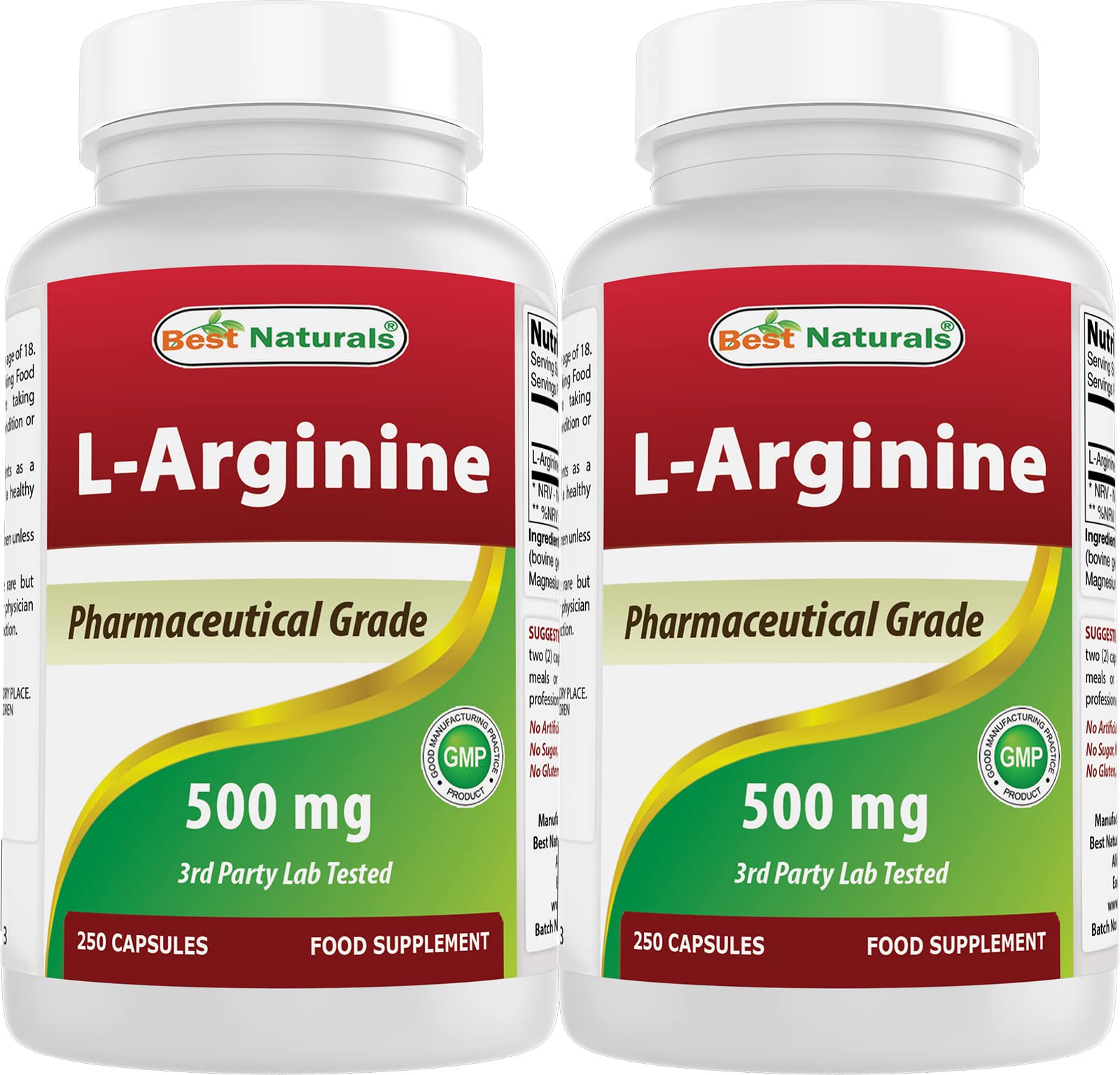 Front view of Best Naturals L-Arginine 500mg bottle