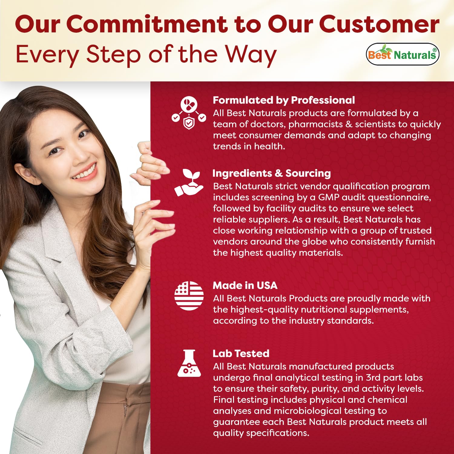 Bottle label highlighting ingredients and quality certifications