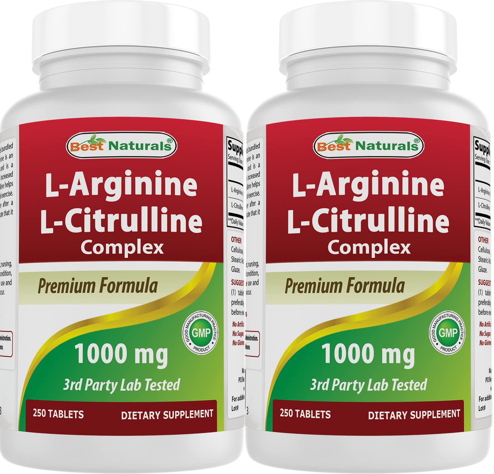 Front view of Best Naturals L-Arginine L-Citrulline Complex bottle with 250 tablets