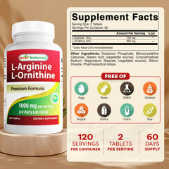 Serving size illustration showing 750 mg L-Arginine + 250 mg L-Ornithine per serving