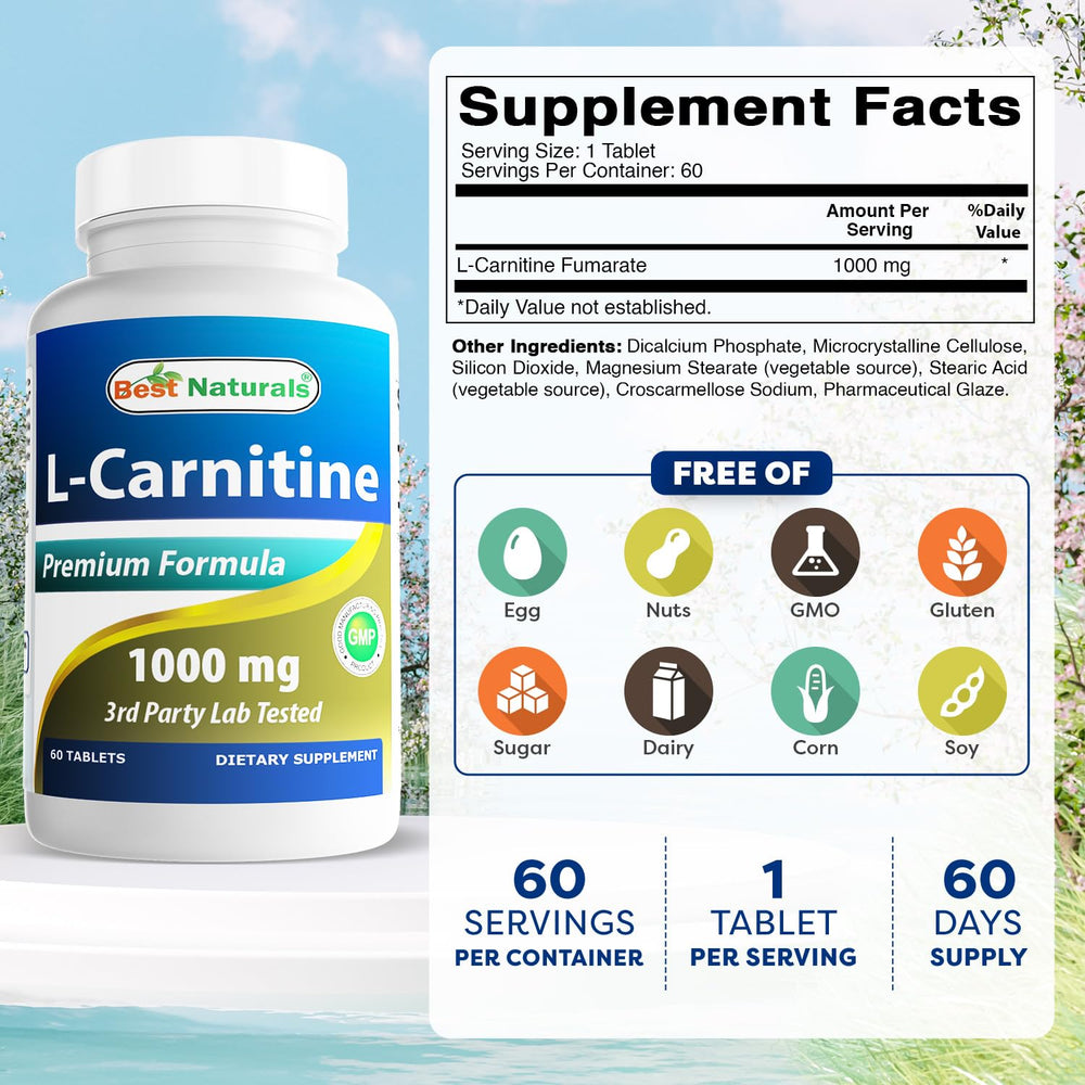 Close-up of Best Naturals L-Carnitine 1000mg tablets