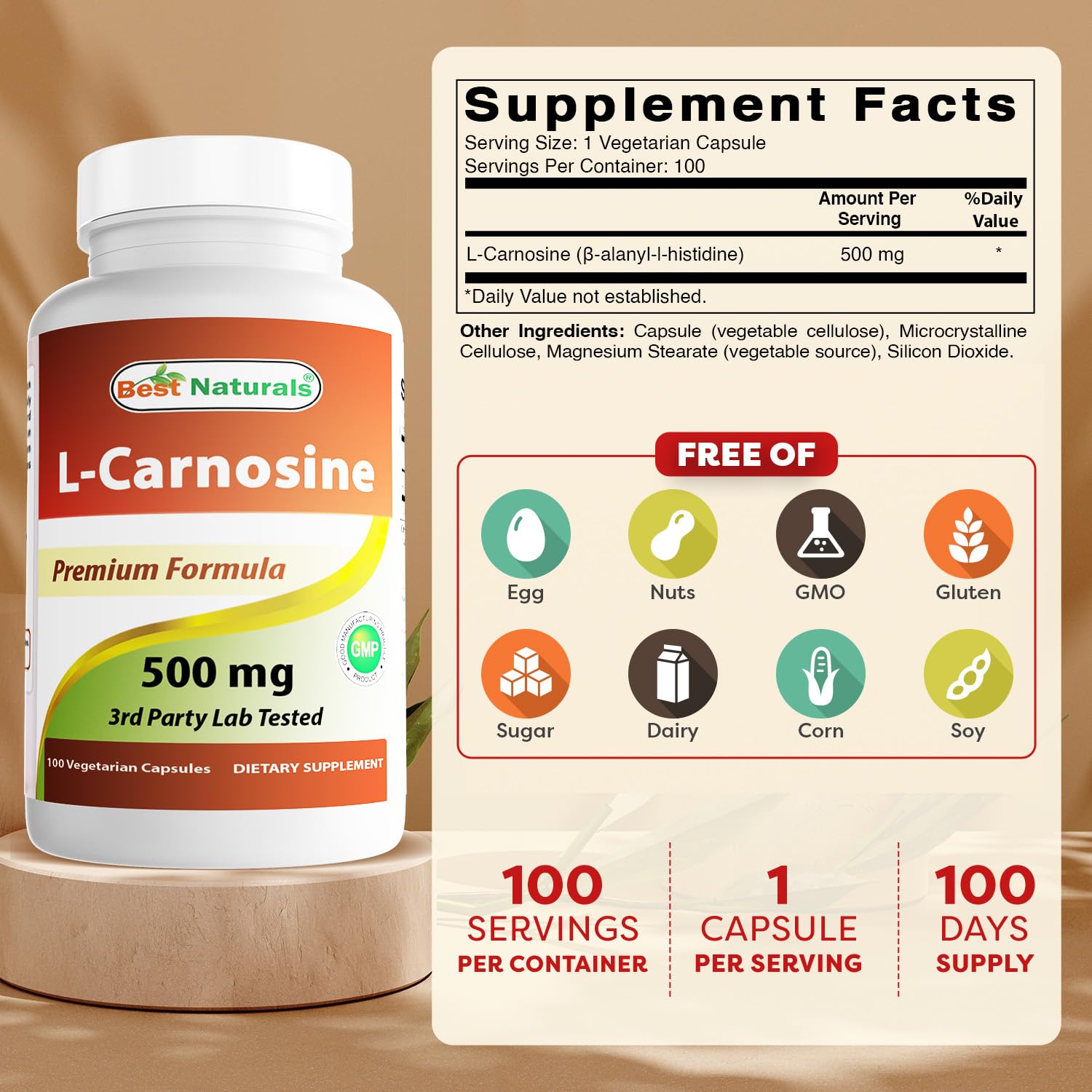 Close-up of Best Naturals L-Carnosine capsules