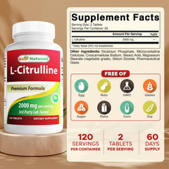 Close-up of L-Citrulline 2000mg per serving tablets
