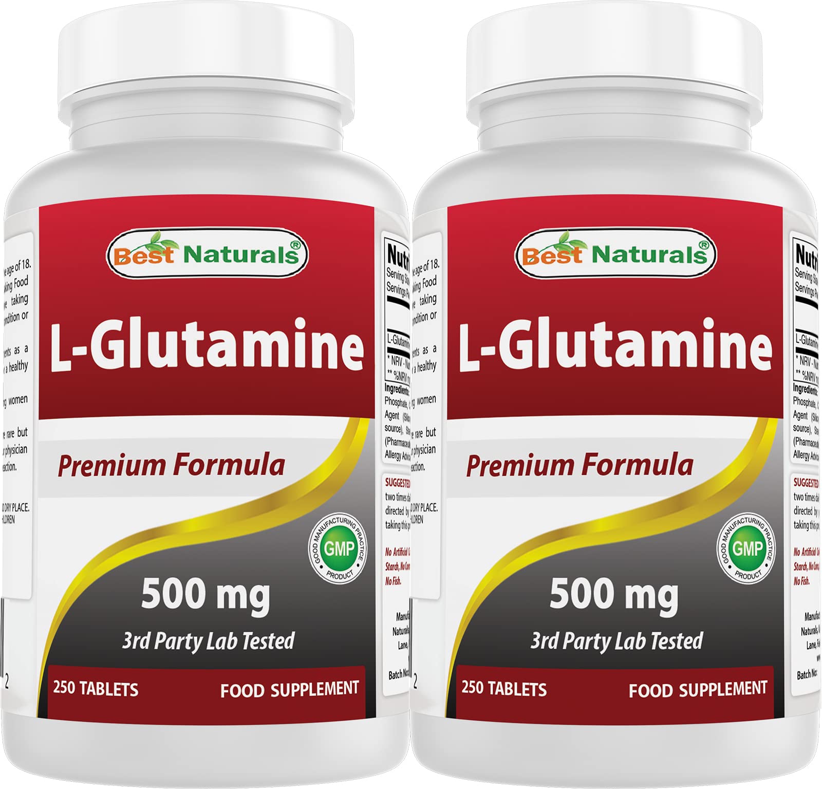 Front view of Best Naturals L-Glutamine 500mg bottle