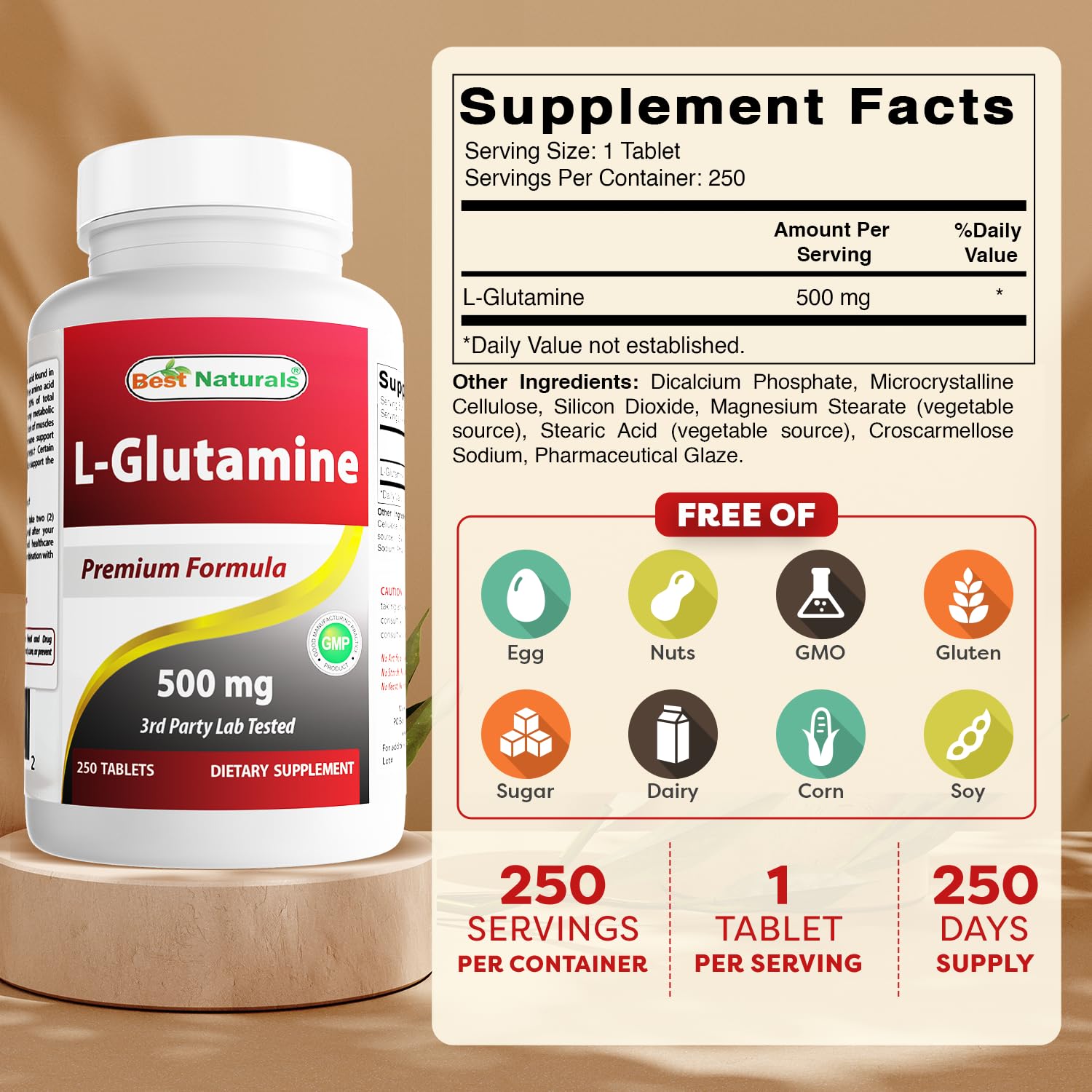 Side view of Best Naturals L-Glutamine 500mg bottle