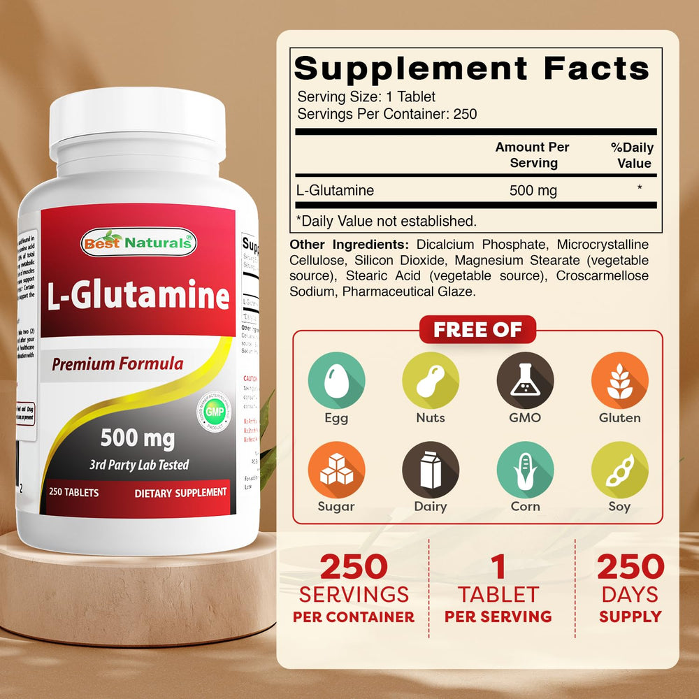 Side view of Best Naturals L-Glutamine 500mg bottle