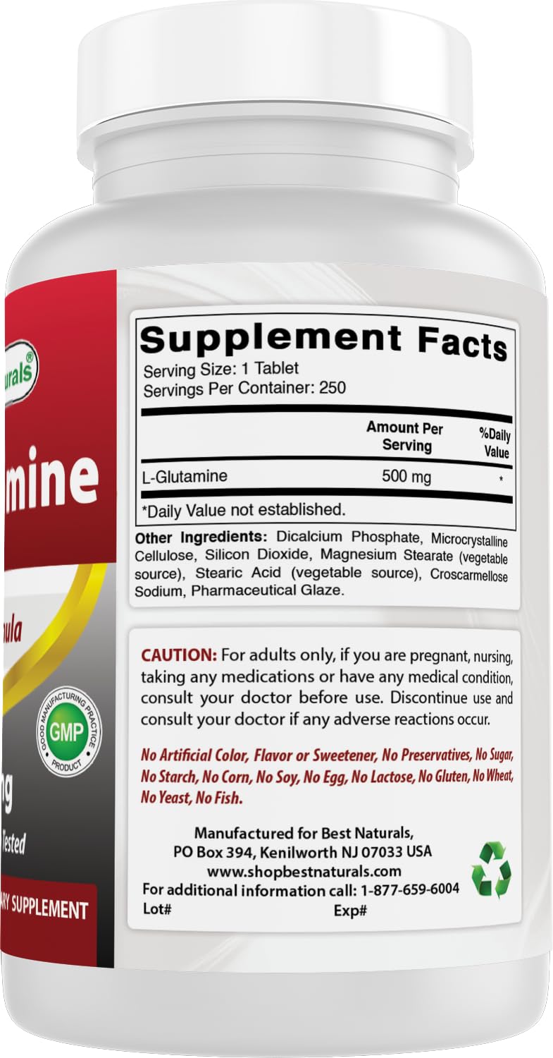 Nutrition facts panel for Best Naturals L-Glutamine 500mg