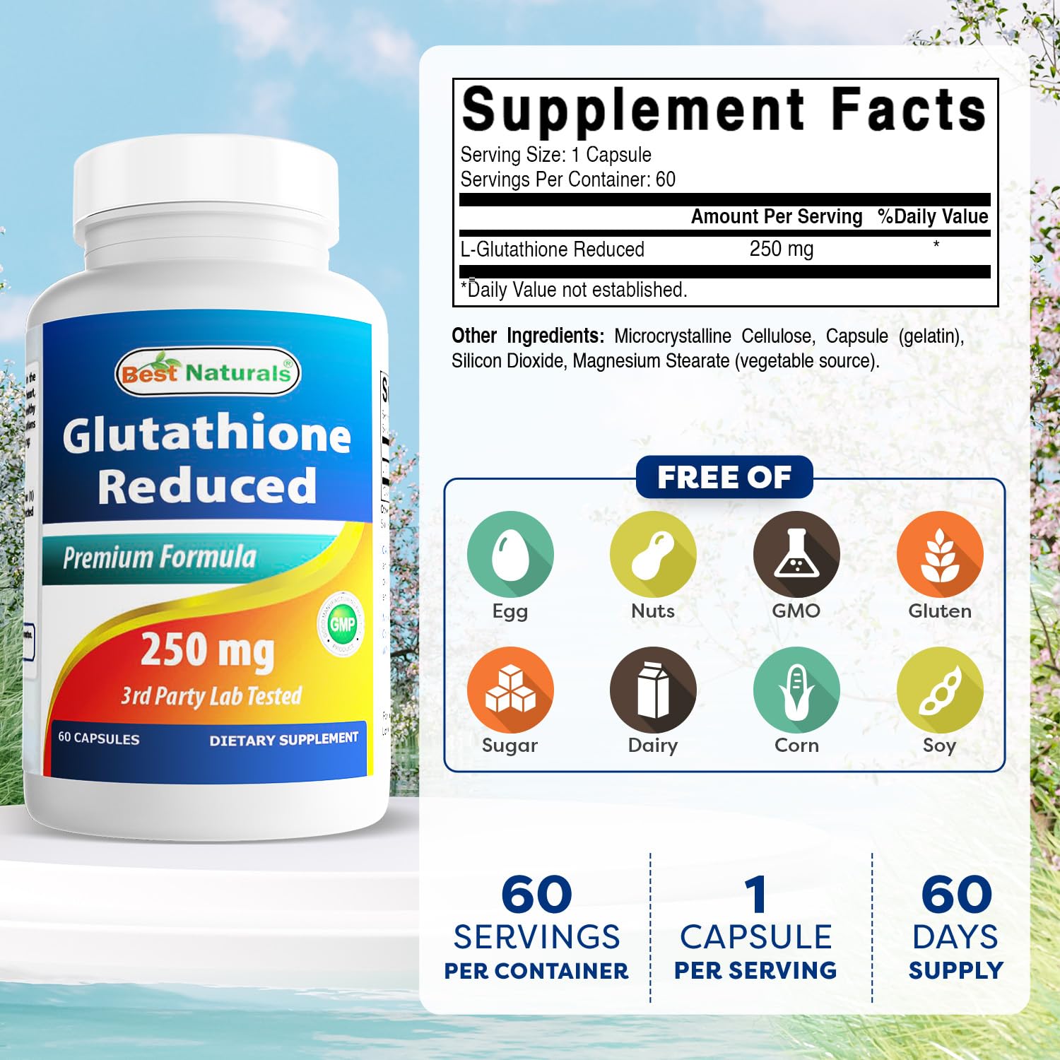 Close-up of L-Glutathione 250 mg capsules