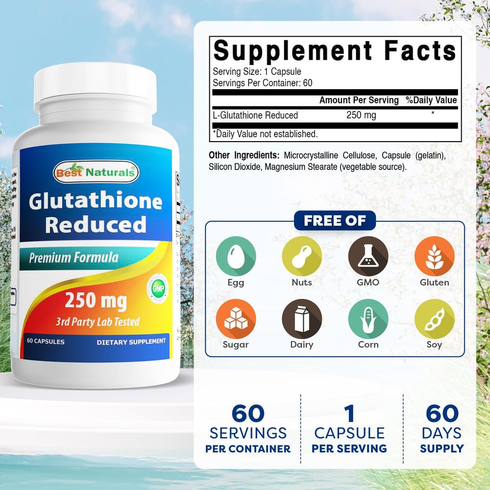 Close-up of L-Glutathione 250 mg capsules