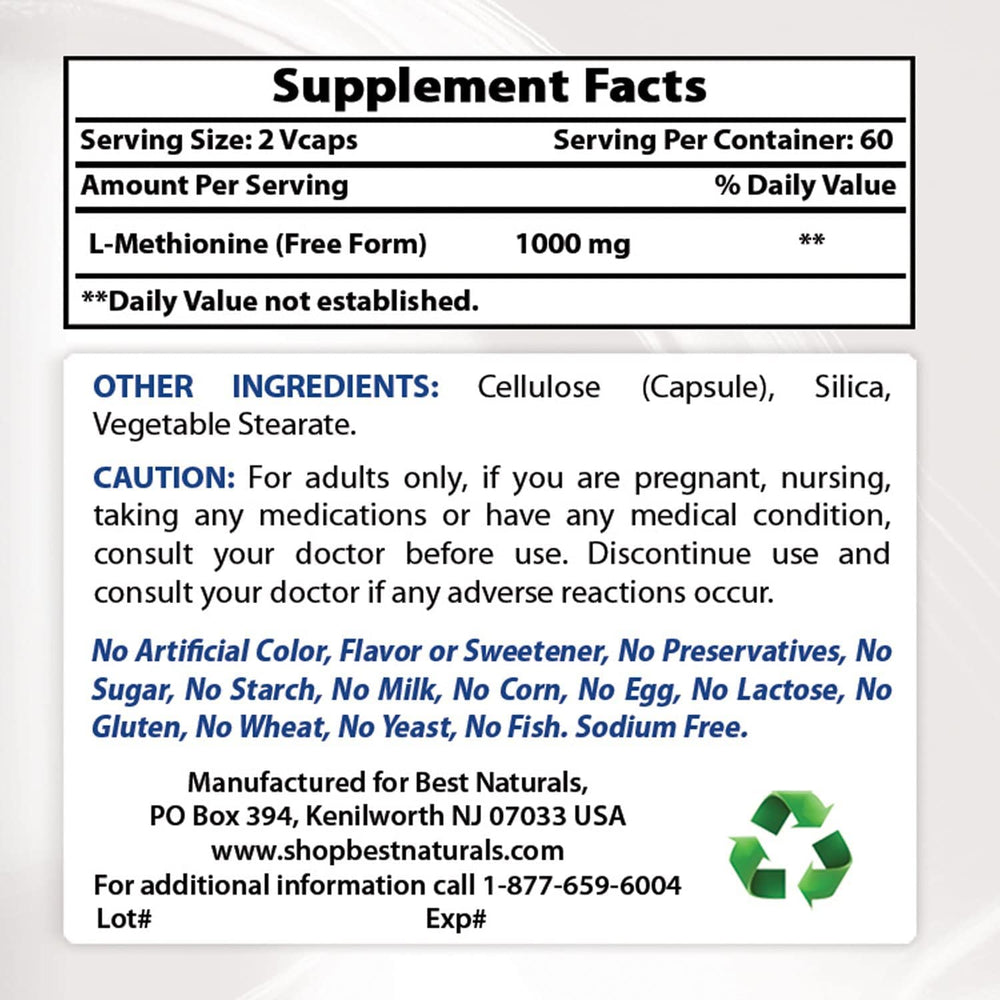 Side view of Best Naturals L-Methionine 500 mg bottle showing bottle details