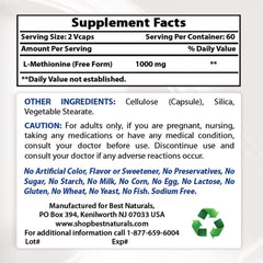 Side view of Best Naturals L-Methionine 500 mg bottle showing bottle details