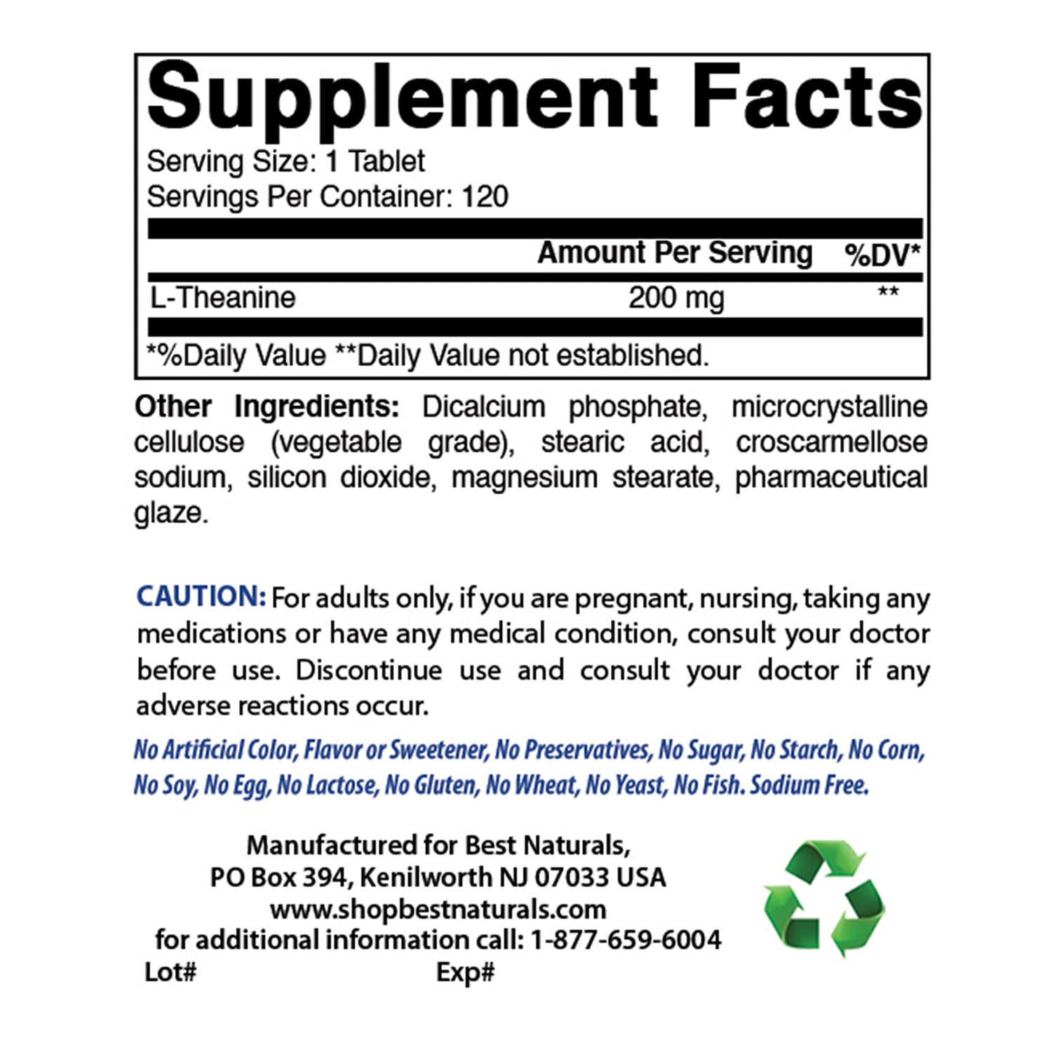Close-up of L-Theanine 200mg per tablet label