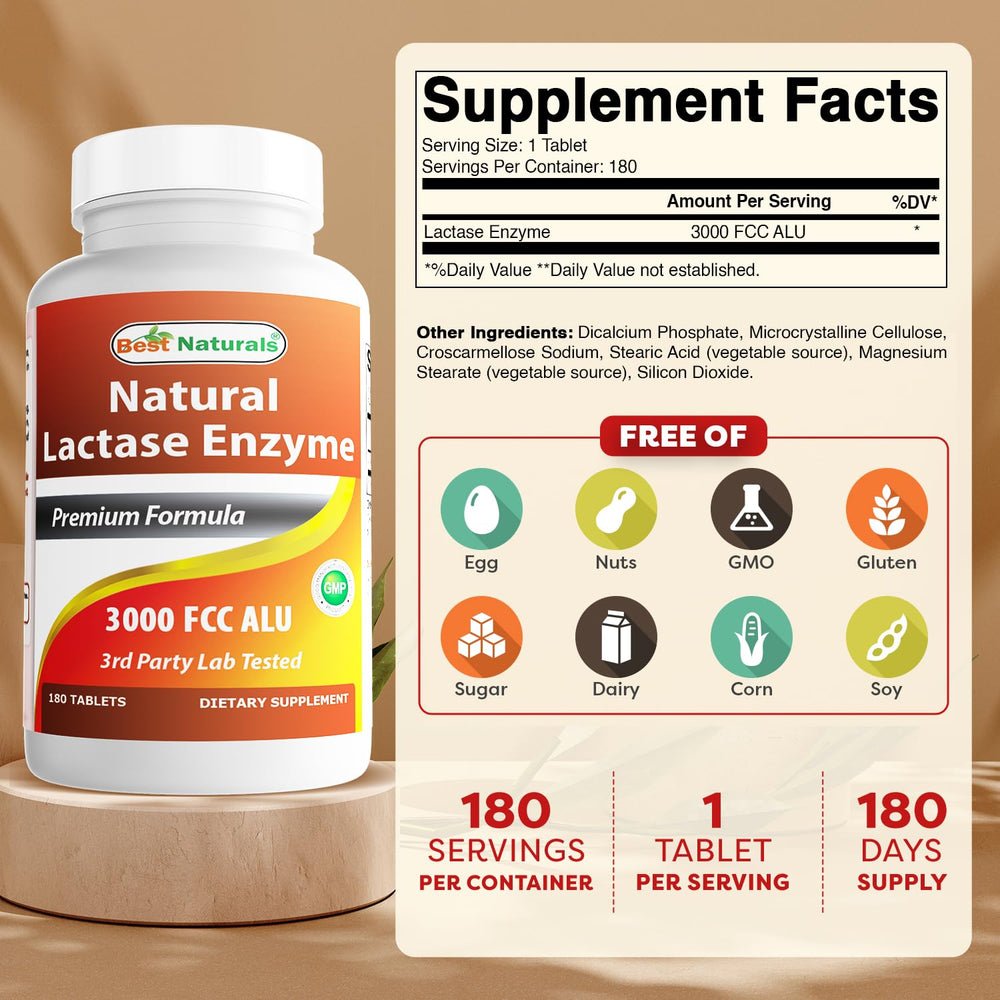 Back label detailing supplement facts on Best Naturals Lactase Bottle