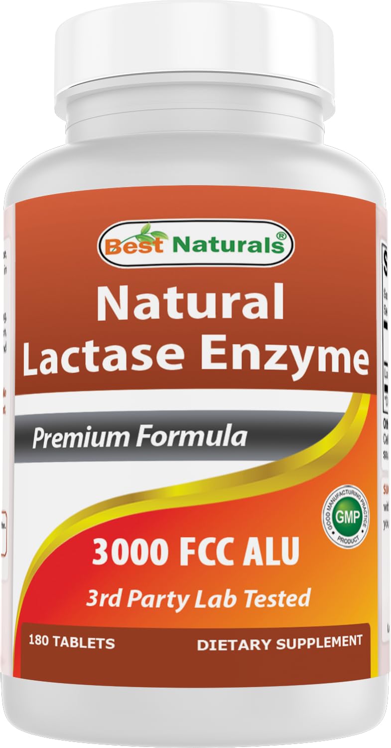 Front view of Best Naturals Fast Acting Lactase Enzyme Bottle with 180 tablets