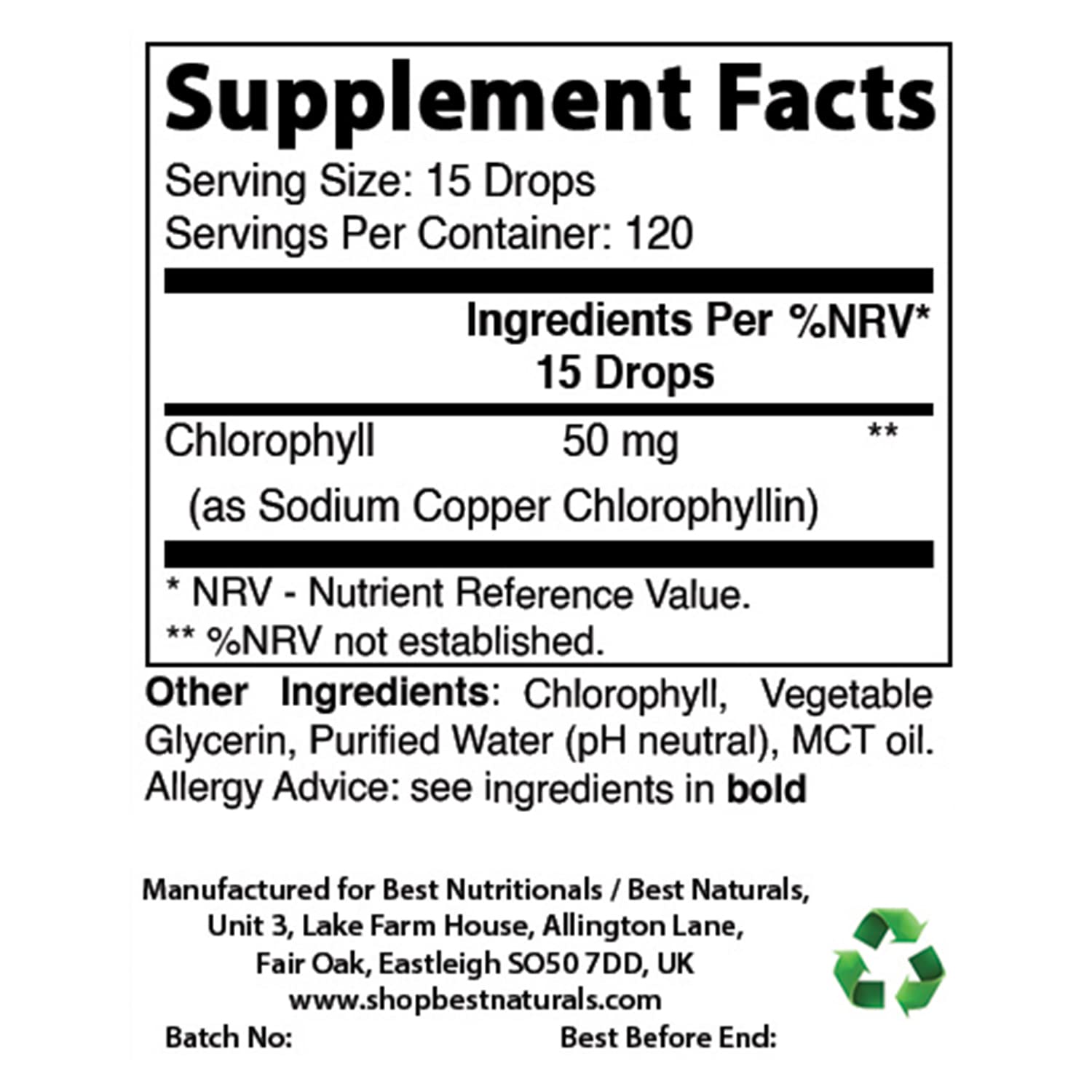 Label of Best Naturals Liquid Chlorophyll Drops