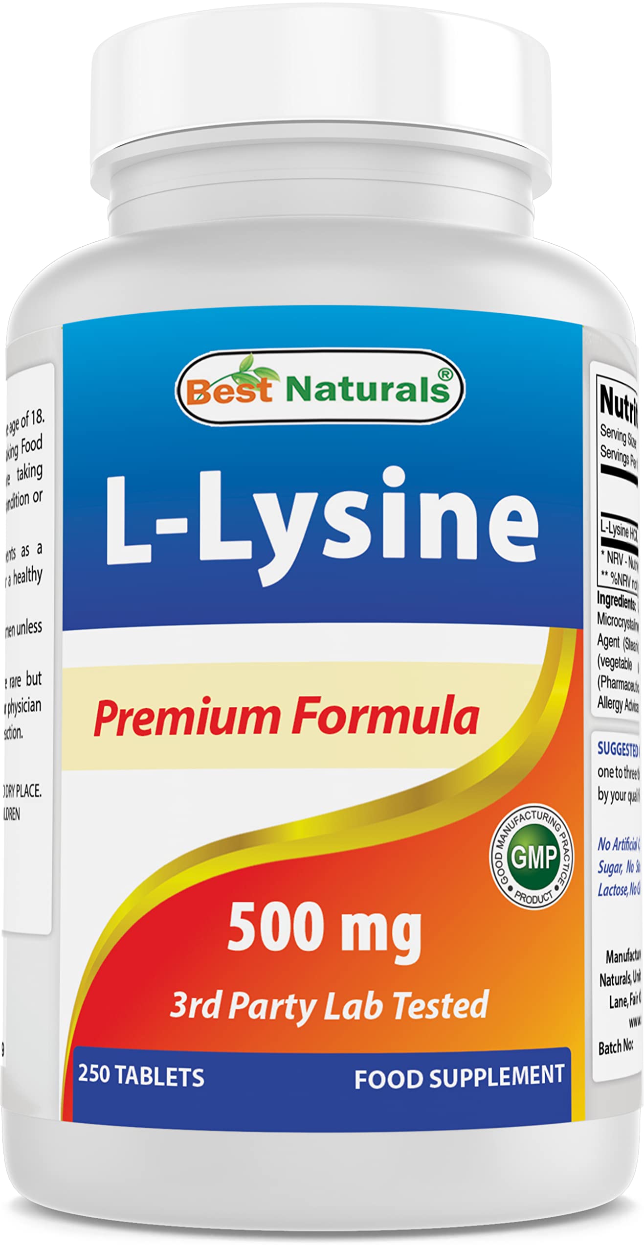 Front view of Best Naturals L-Lysine 500 mg bottle with label