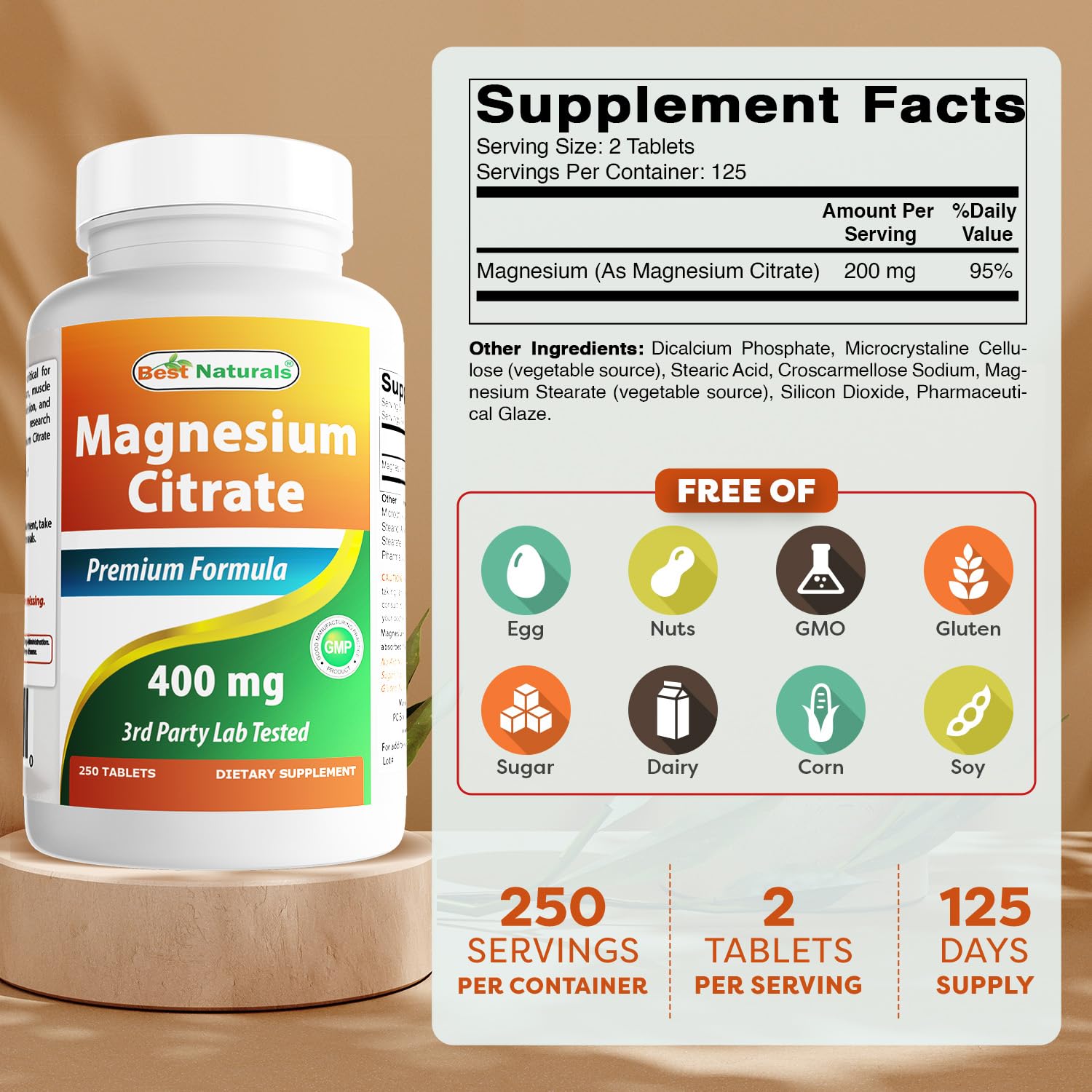 Label showing 400 mg elemental magnesium per serving