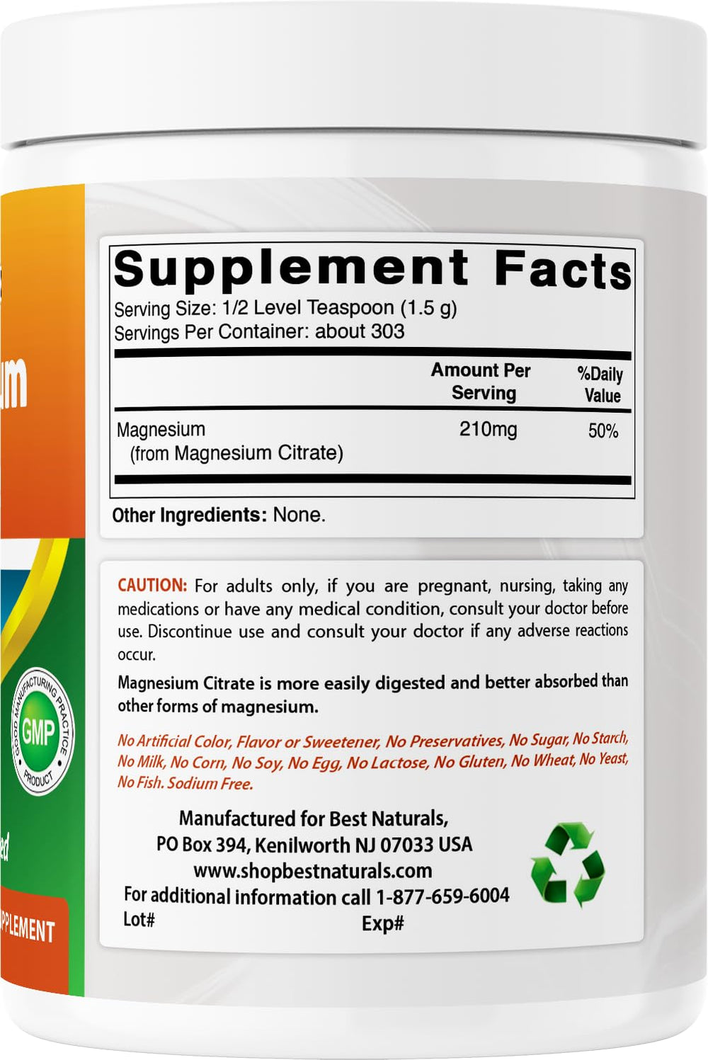 Nutrition facts panel for magnesium citrate powder