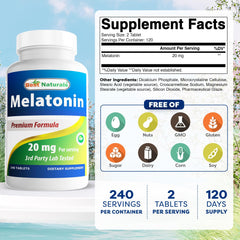 Close-up of Melatonin tablets showing 20mg per tablet