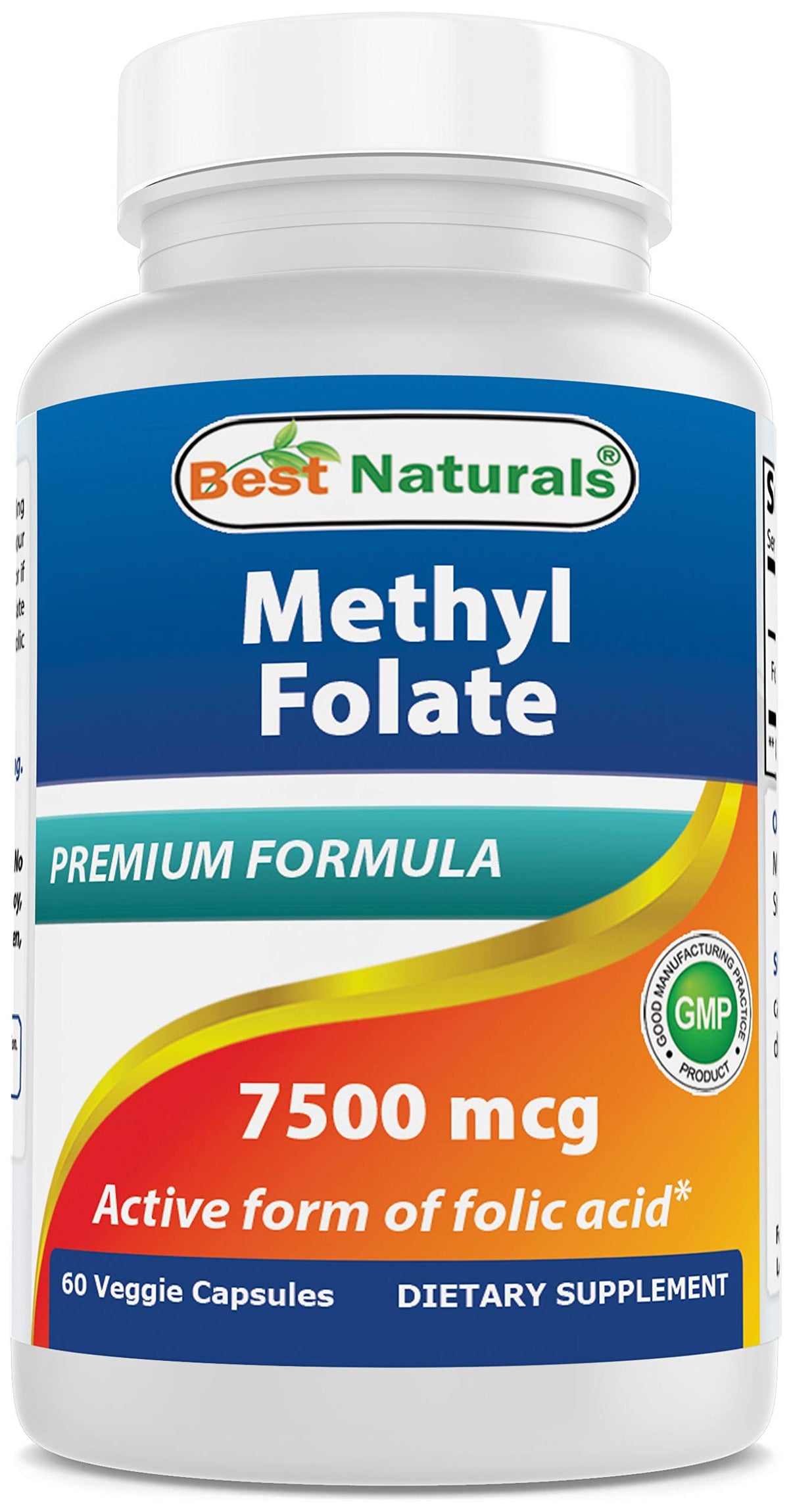 Bottle of Best Naturals Methyl Folate 7500 mcg vegetarian capsules