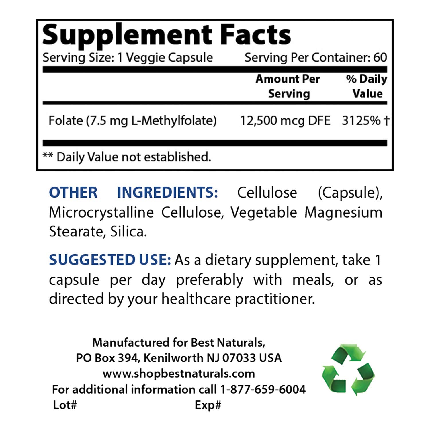 Close-up of methyl folate 7500 mcg per capsule