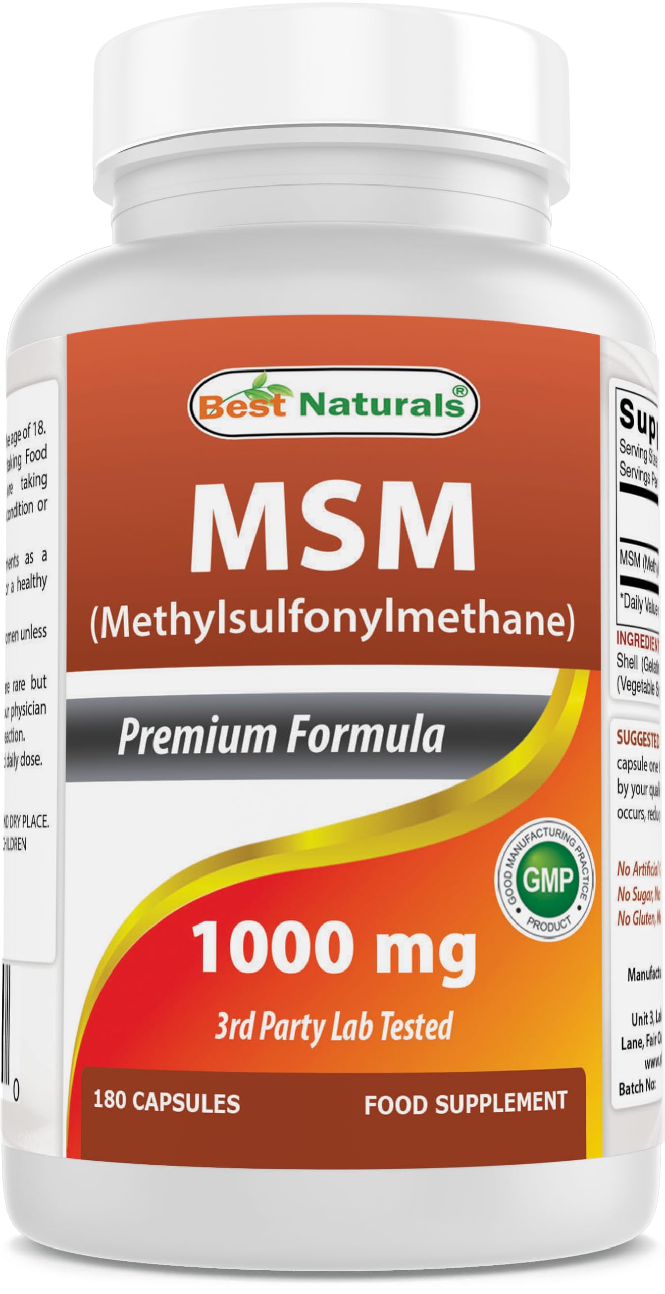 Bottle of Best Naturals MSM 1000 mg 180 capsules
