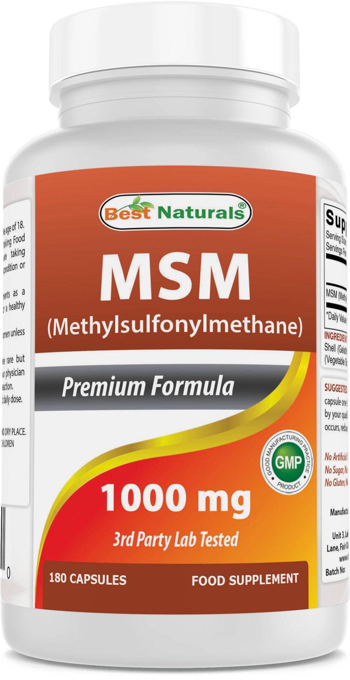 Bottle of Best Naturals MSM 1000 mg 180 capsules