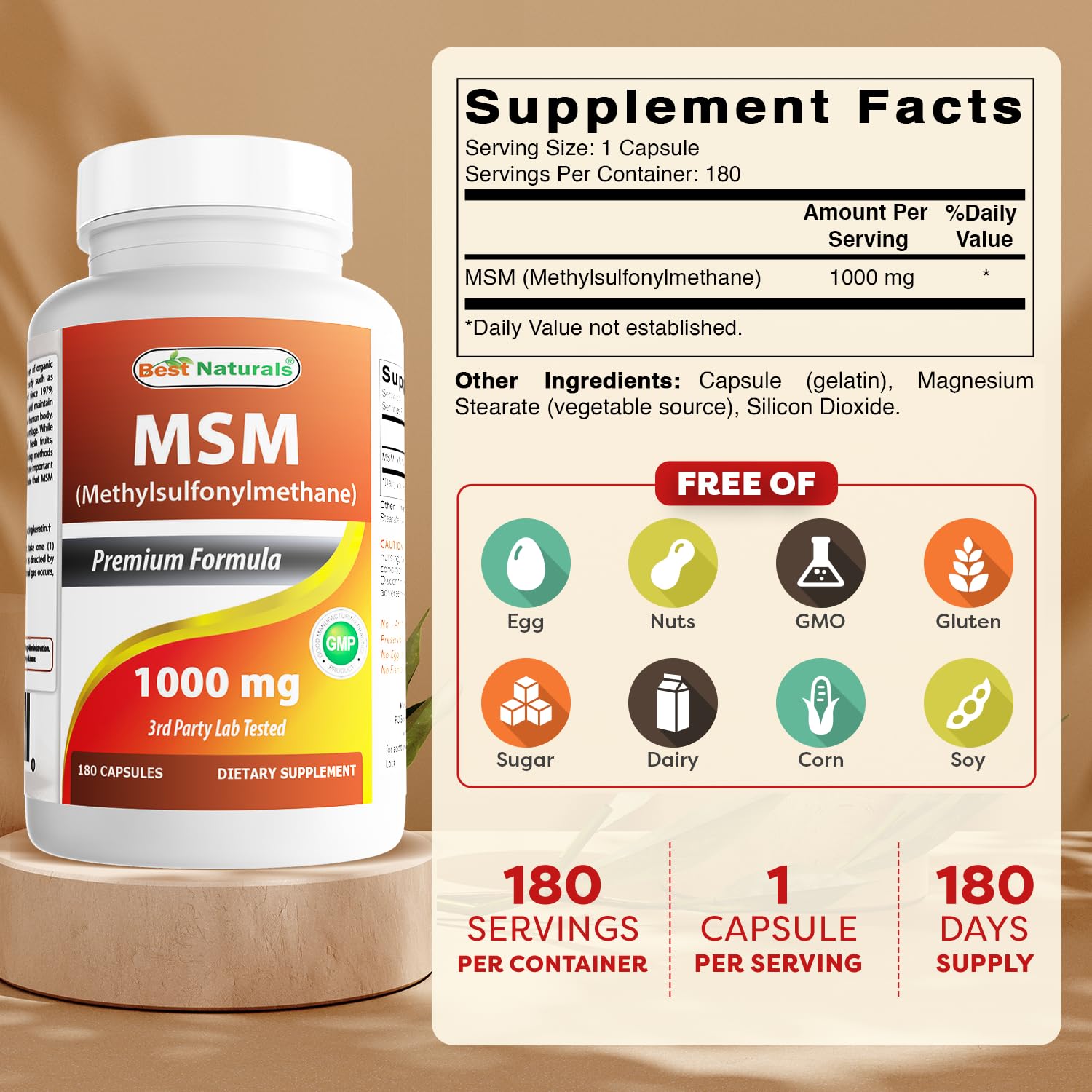 Close-up of MSM 1000 mg capsules