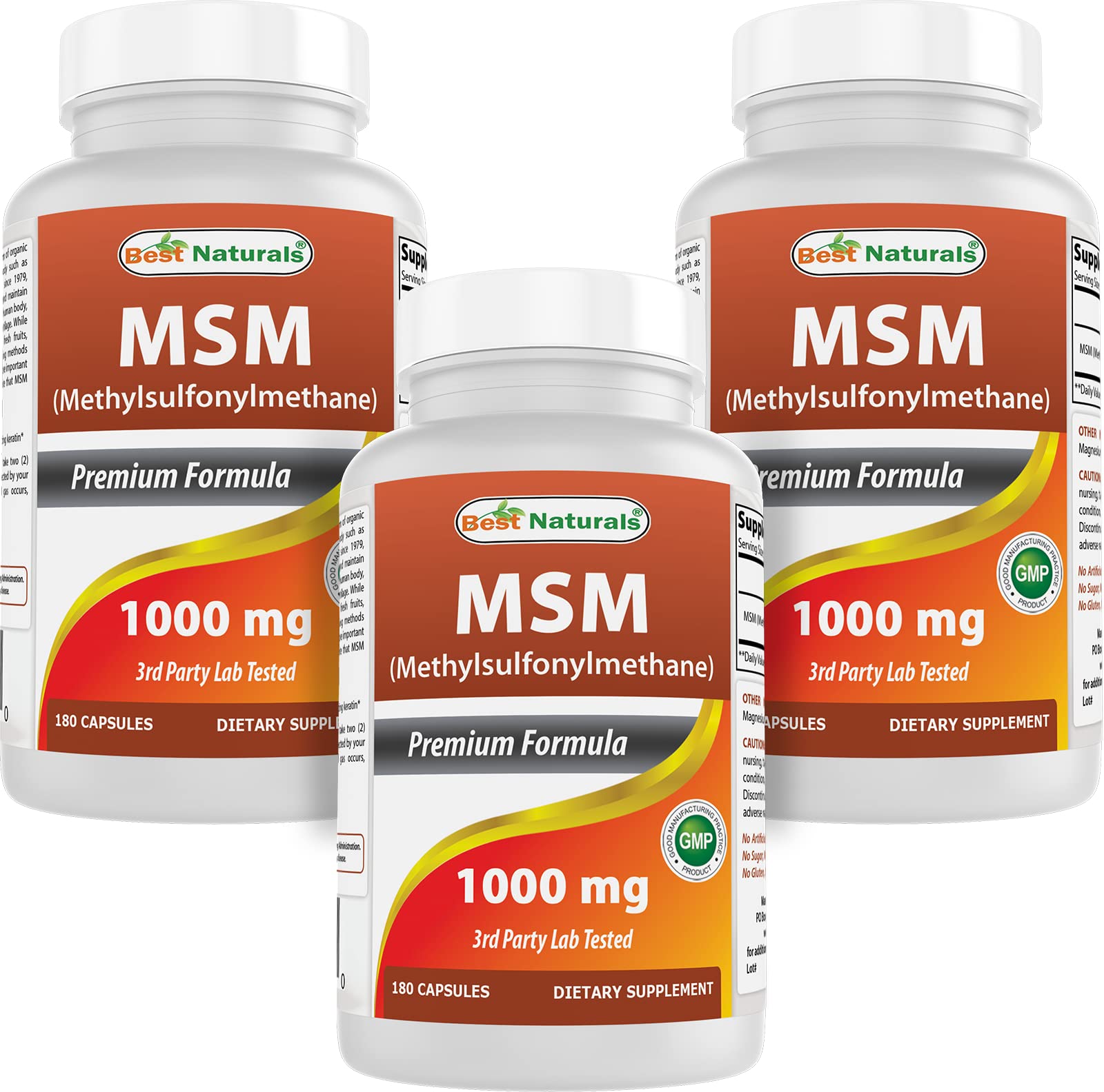 Front view of Best Naturals MSM 1000 mg 180-count capsules in a 3-pack
