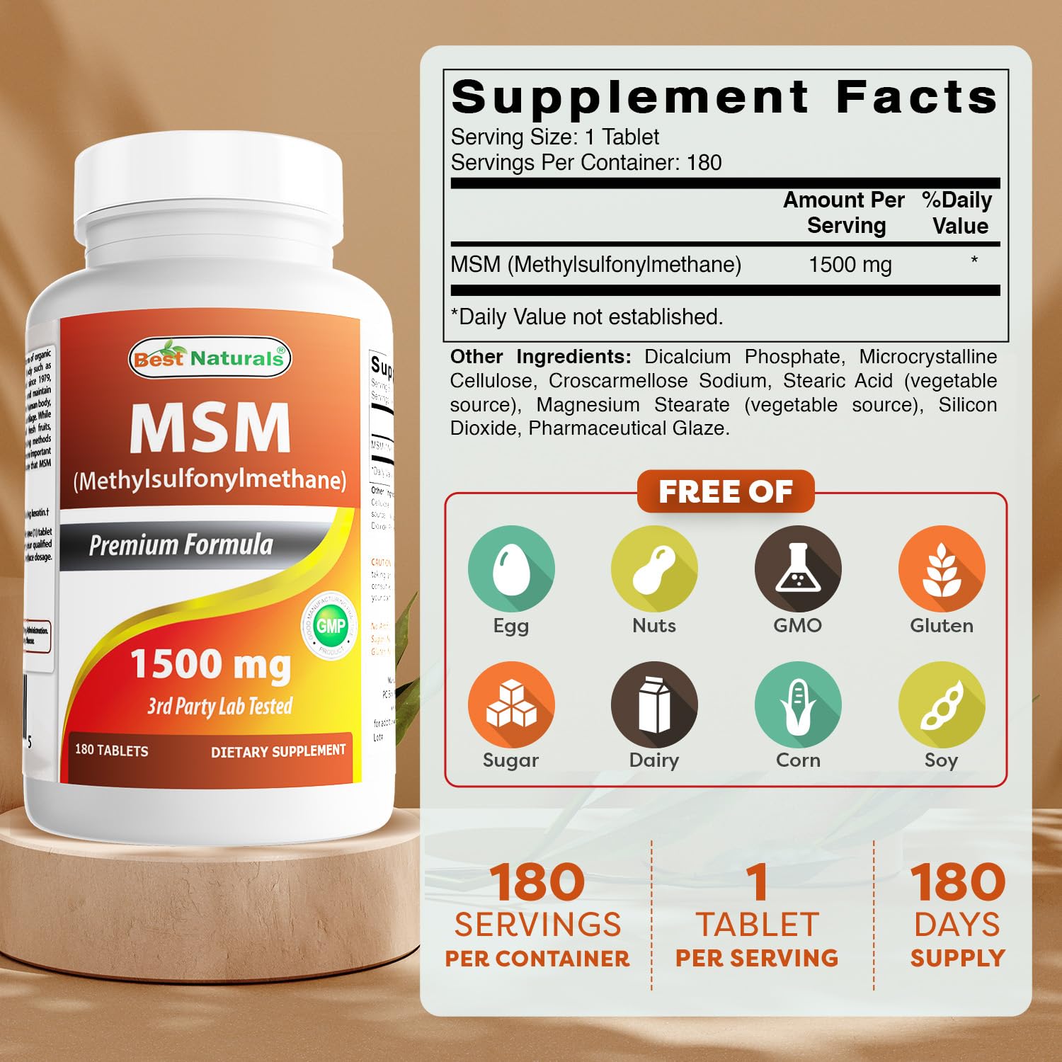 Label shows 1500 mg per tablet and 180 tablets per bottle