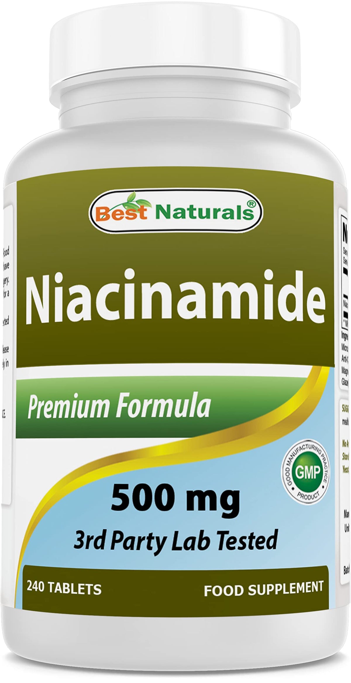 Front view of Best Naturals Niacinamide 500mg bottle (Vegetarian)